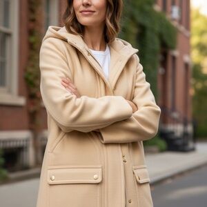 J.Crew Wool Blend Camel Hooded Coat Size 2 Zip Front Pockets Classic Style